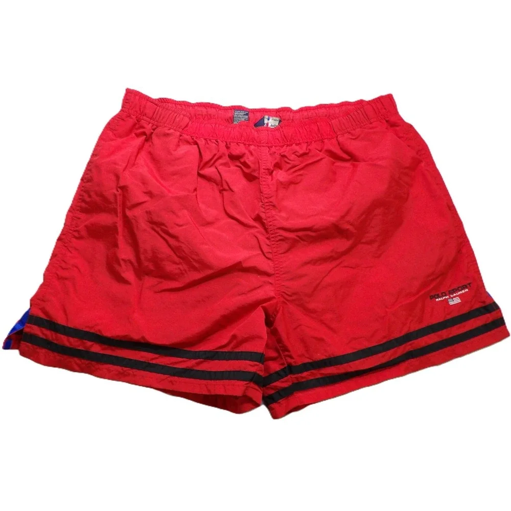 VTG Polo Sport Ralph Lauren Swim Trunks Shorts Nylon Men XL Red Black 90s Board